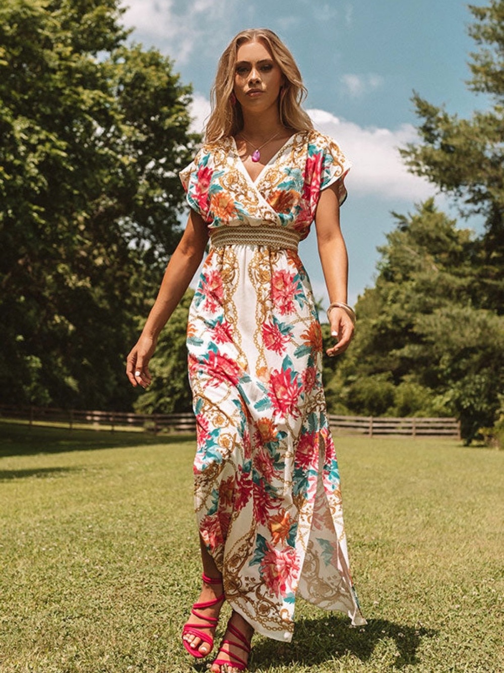 Floral Wrap Maxi Dress - White with Pink & Teal Floral